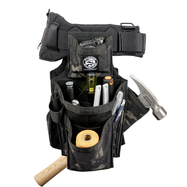 Badger Side-by-side Carpenter Belt, black camo, filled tool side view